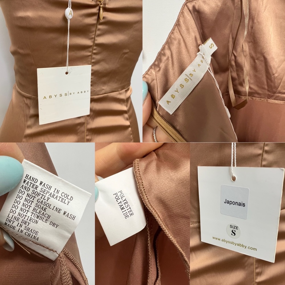 Abyss by Abby Japonais Satin Ruffle Gown Rose Gold Maxi Dress Sz S NWT - Picture 9 of 11